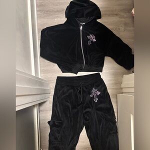 Black Velour Tracksuit with Purple Cross Embroidery